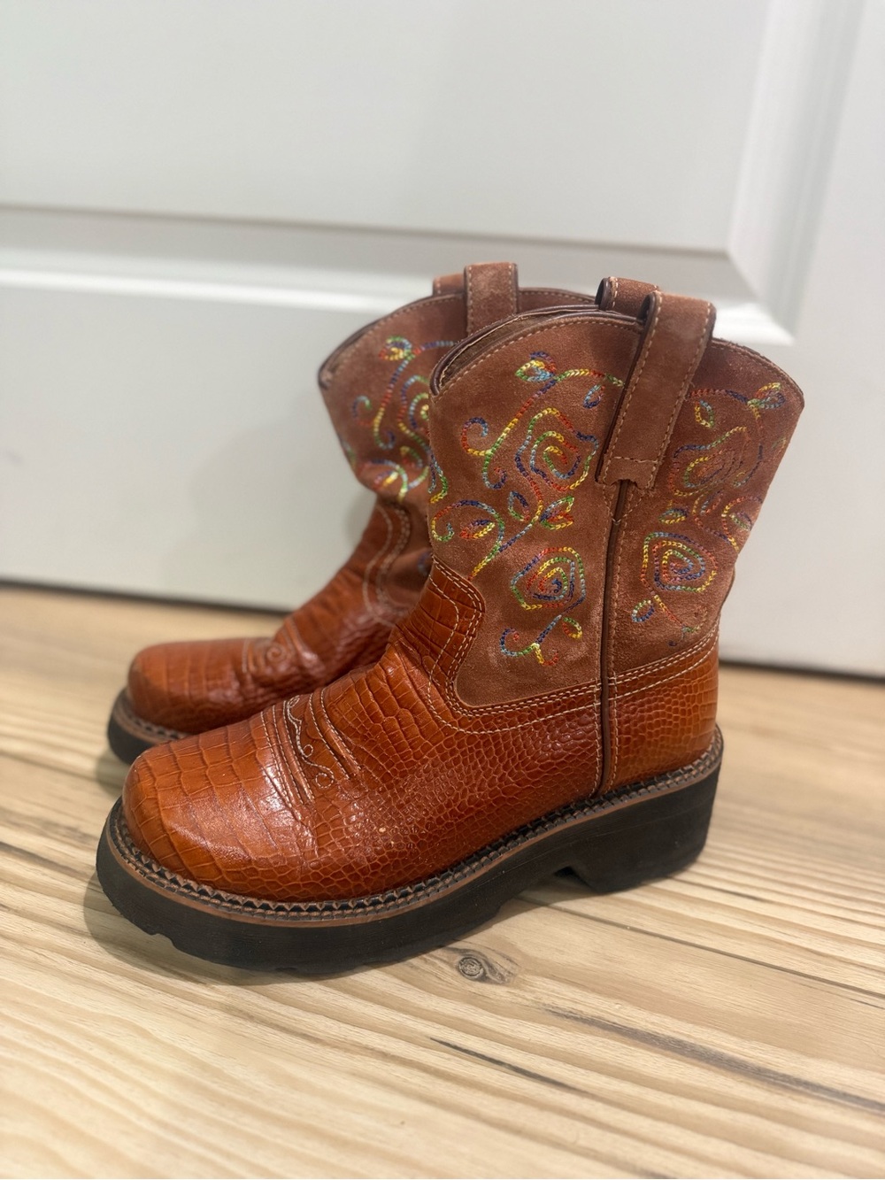 Ariat Brown Leather & Suede Embroidered Western Work Boots Cowgirl - Picture 10 of 10